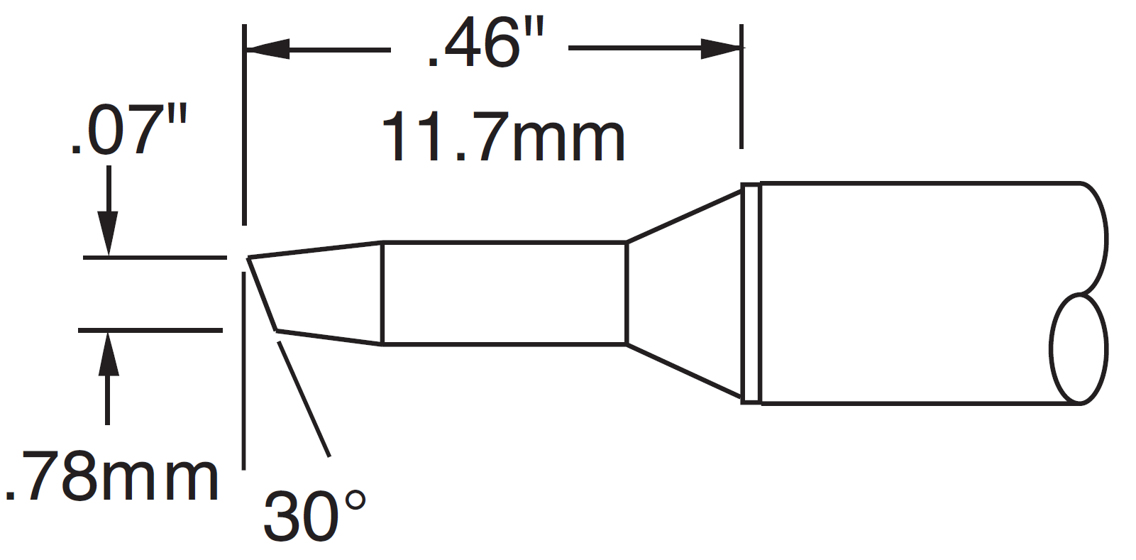 METCAL CVC-9BV3018S. Картридж-наконечник для СV/MX, скос 30° 1.78х11.7мм (замена STTC-805)